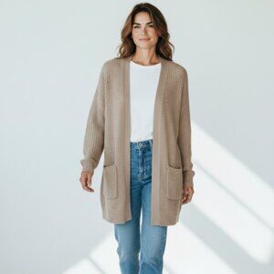 Pink Rose Long Sleeve Taupe Cardigan Sweater-Size M-Criss Cross Accents-Pockets